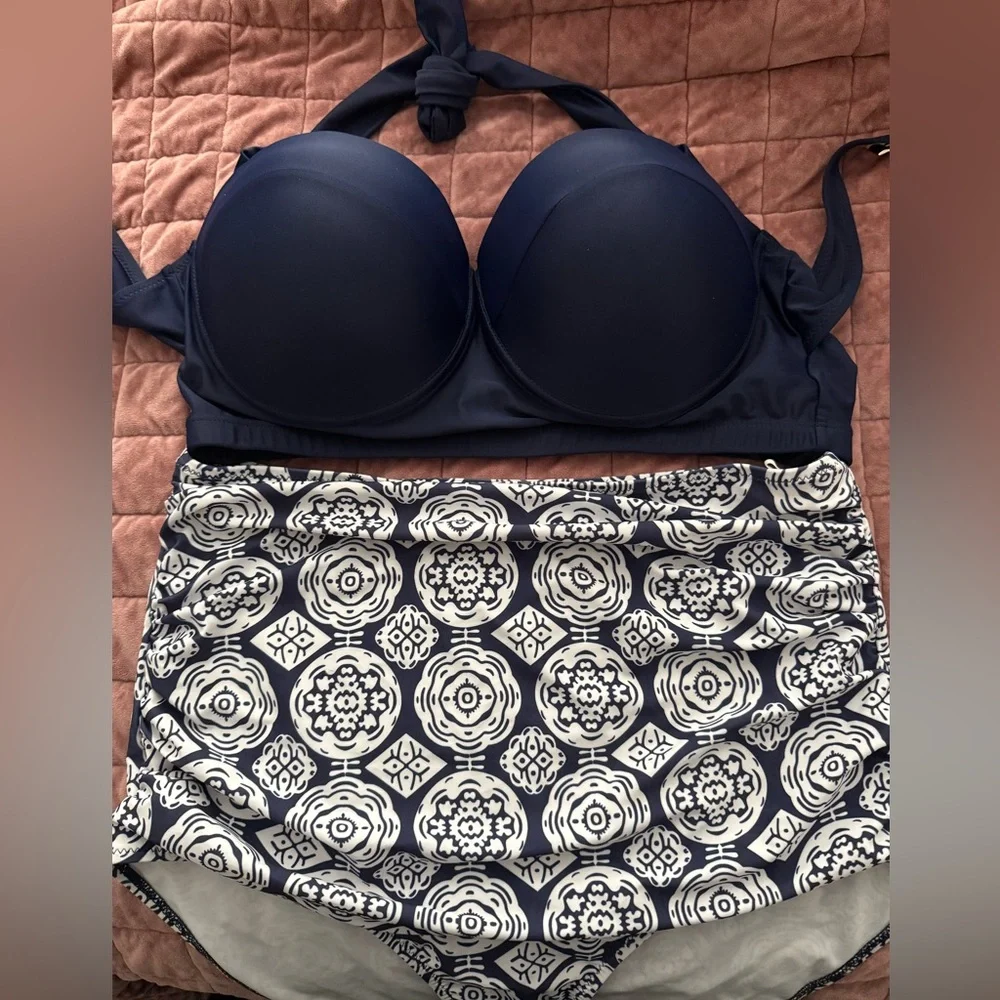 Navy Halter Bikini Top with Patterned Bottom - Picture 5 of 7